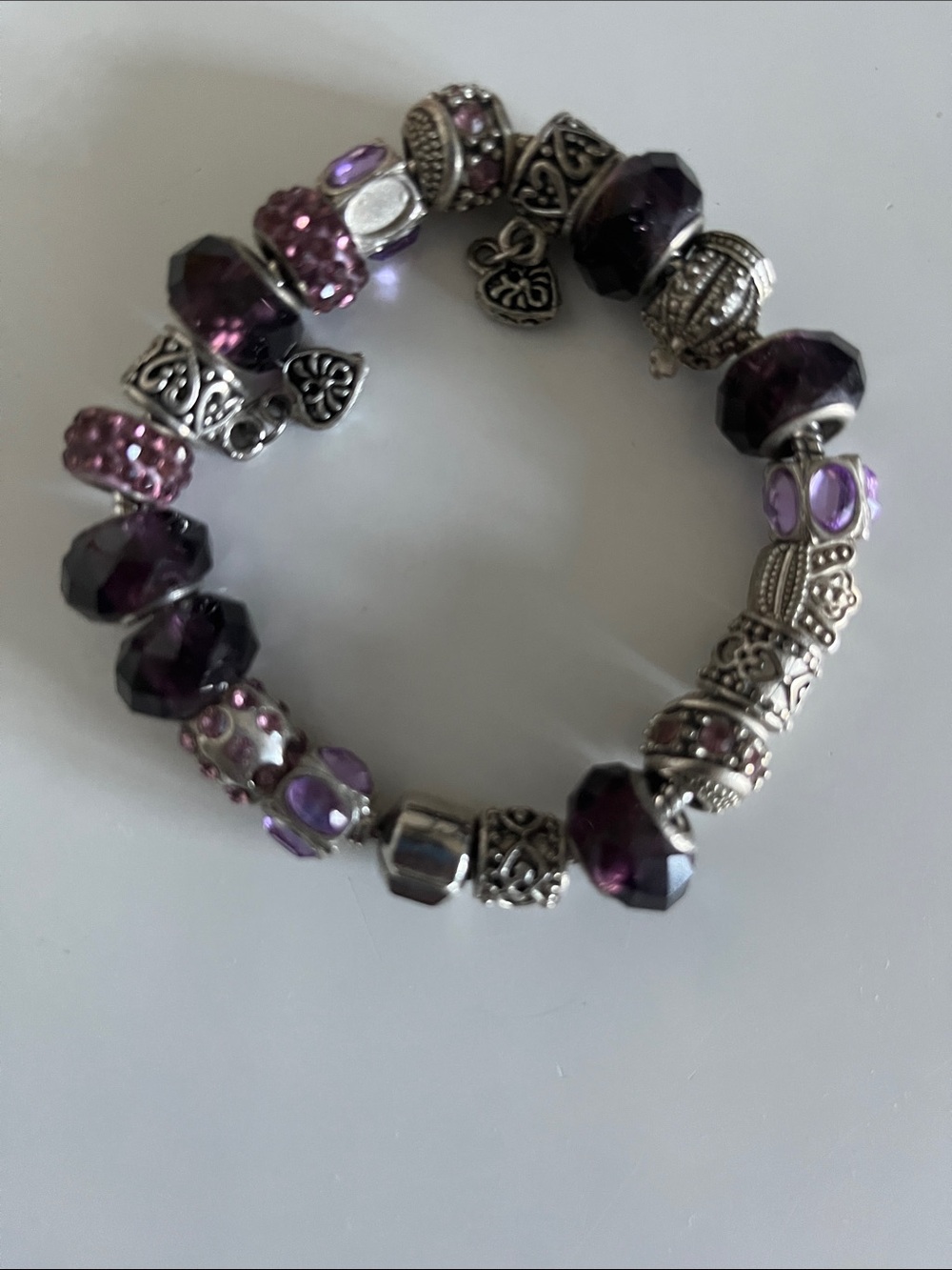 Purple Bead Charm Bracelet with Silver Accents